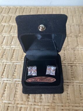 Square Cubic Zirconia Stud Earrings in Silver-toned setting